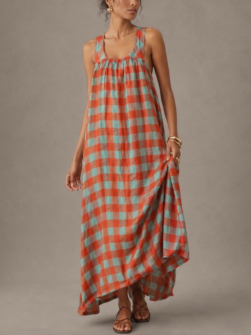 Anthropologie Tie-Back Midi Apron Nap Dress Clean Green Gingham S Cotton Blend
